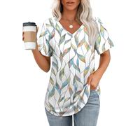 Aokosor T Shirts for Women Plus Size Clothing Ladies Summer Tops V Neck Short Sleeve Tshirt Curved Hem Tees Loose Fit Colorful Leaf Size 14-16