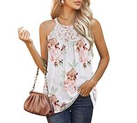 Aokosor Tank Tops for Women Lace Halter Neck Ladies Sleeveless Summer Pleated Top Floral White Size 14-16