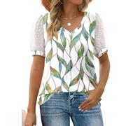 Aokosor Tops for Women V Neck T Shirts Ladies Swiss Dot Puff Sleeve Summer Tee Leaf Print Size 22-24