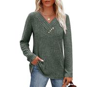 Aokosor V Neck Jumpers for Women UK Long Sleeve Tops Womens Sweatshirt with Buttons Casual Loose Fit Green Size 14-16 L