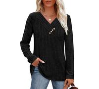 Aokosor V Neck Jumpers for Women UK Long Sleeve Tops Womens Sweatshirt with Buttons Casual Loose Fit Black Size 10-12 M