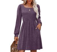 Aokosor Women Dresses Long Sleeve Jumper Dress Ladies Square Neck Tunic Dress with Pockets Knee Length Jumper Dress Size 18-20 Purple XL