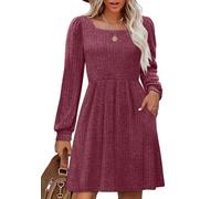Aokosor Women Dresses Long Sleeve Jumper Dress Ladies Square Neck Tunic Dress with Pockets Knee Length Jumper Dress Size 18-20 Fuchsia XL