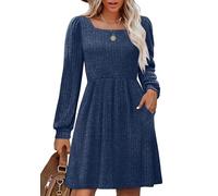 Aokosor Women Dresses Long Sleeve Jumper Dress Ladies Square Neck Tunic Dress with Pockets Knee Length Jumper Dress Size 18-20 Blue XL