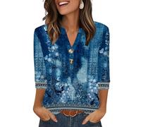 Aokosor Womens 3/4 Sleeve Tops Ladies Blouse V Neck Tunic Long Sleeve T Shirts Curved Hem Office Wear Blue White Flora Top Size 14-16 for UK