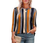Aokosor Womens 3/4 Sleeve Tops Ladies Blouses Crew Neck Pleated Shirts Fashion Dressy Tunic Blouses Size 10-12 Black Orange Stripe Dot