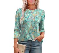 Aokosor Womens 3/4 Sleeve Tops Ladies Blouses Crew Neck Pleated Shirts Fashion Dressy Tunic Blouses Size 18-20 Green Floral