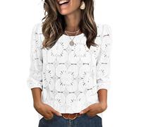 Aokosor Womens 3/4 Sleeve Tops Ladies Blouses Cutout Flower Top Round Neck Tunic Elastic Cuffs Elegant Shirts White Size 14-16