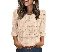 Aokosor Womens 3/4 Sleeve Tops Ladies Blouses Cutout Flower Top Round Neck Tunic Elastic Cuffs Elegant Shirts Apricot Size 14-16