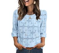 Aokosor Womens 3/4 Sleeve Tops Ladies Blouses Cutout Flower Top Round Neck Tunic Elastic Cuffs Elegant Shirts Blue Size 14-16