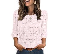Aokosor Womens 3/4 Sleeve Tops Ladies Blouses Cutout Flower Top Round Neck Tunic Elastic Cuffs Elegant Shirts Pink Size 18-20