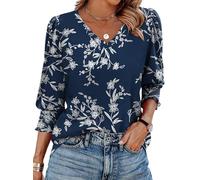 Aokosor Womens 3/4 Sleeve Tops Ladies Blouses V Neck T Shirts Puff Sleeve Tunic Curved Hem Office Wear Size 18-20 Navy White Floral