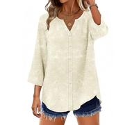 Aokosor Womens 3/4 Sleeve Tops Ladies Blouses V Neck Tunic Button Shirts Curved Hem Apricot Tie Dye Size 14-16