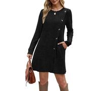 Aokosor Women's Black Plus Size Jumper Dress L - Long Sleeve, Above the Knee, Button Front, Slit, Pockets, Spring/Autumn/Winter Casual Dress