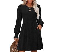 Aokosor Women's Elegant Long Sleeve Dress - Classic Puff Sleeve Tunic Dress with Pockets Knee Length Jumper Dress Black Size 10-12 M