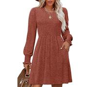Aokosor Women's Elegant Long Sleeve Dress - Classic Puff Sleeve Tunic Dress with Pockets Knee Length Jumper Dress Caramel Size 10-12 M