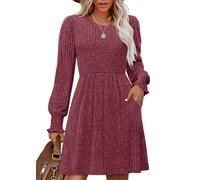 Aokosor Women's Elegant Long Sleeve Dress - Classic Puff Sleeve Tunic Dress with Pockets Knee Length Jumper Dress Fuchsia Size 10-12 M