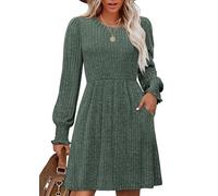 Aokosor Women's Elegant Long Sleeve Dress - Classic Puff Sleeve Tunic Dress with Pockets Knee Length Jumper Dress Green Size 10-12 M