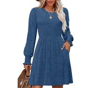 Aokosor Women's Elegant Long Sleeve Dress - Classic Puff Sleeve Tunic Dress with Pockets Knee Length Jumper Dress Blue Size 10-12 M