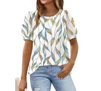 Aokosor Womens T Shirts Ladies Swiss Dot Tops Pleated Front T Shirt Puff Sleeve Summer Tops Leaf Print Size 10-12