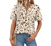 Aokosor Womens T Shirts Summer Tops for Women UK Leopard Print Tops V Neck Buttons Tee Shirts Size 18-20 Beige Leopard