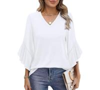 Aokosor Womens Tops 3/4 Sleeve T Shirts for Women UK Ladies Blouses V Neck Ruff Sleeve Tunic Curved Hem Ladies Plus Tops Size 26-28 White