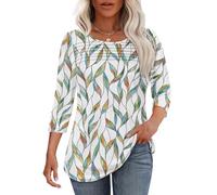 Aokosor Womens Tops 3/4 Sleeve Tops for Women UK Ladies Blouses Crew Neck Pleated Tunic Shirts Curved Hem Leaf Print Size 6-8