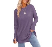 Aokosor Womens Tunic Tops for Leggings Ladies Loose Fit Jumpers Long Sleeve Sweatshirts Thumbholes Curved Hem Size 14-16 Lavender Purple