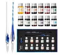 AOKUY Glass Dip Pen Set, 12 Color Inks, Pen Holder, Cleaning Cup, 2 Crystal Glass Pens for Art, Writing, Drawing, Signatures, Gift for Kids and Artist