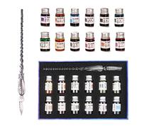 AOKUY Glass Pen Set Calligraphy Dip Pens,12 Colorful Inks,Caligraphy Sets for Art, Writing, Signature, Decoration, Gift (Silver Black)