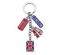 AOKWAWALIY Uk Flag Keychain British Souvenir Vintage London Keyring with Phone Box and Double- Bus Car Bag Charm 4.72X1.38X0.20In