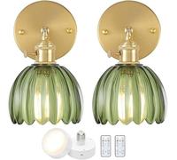 AoLa 2 Pieces Vintage Wall Light Dimmable with Remote Control Wall Lamp Adjustable Indoor E27 Retro Gold Metal Bedside Lamp with Green Glass Lampshade for Bedroom Living Room Staircase Hallway