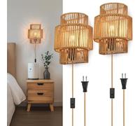 AoLa Hemp Rope Wall Light with Switch and Plug, Natural Rattan with Cable Wall Lamp Boho Indoor E27 UP&Down Lighting Bedside Lamp Natural Material Hand-Woven Bamboo Decorative Lamp