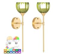 AoLa LED Wireless Wall Light Battery, 2 Pieces Vintage Wall Sconce Without Power Connection RGB 12 Colours Dimmable with Remote Control Wall Lamp Battery 2000mAh Indoor Gold Bedside Lamp,Green