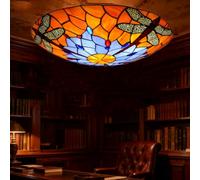 AoLa Tiffany Ceiling Light Retro Handcrafted Art Dragonfly Ceiling Lamp Flower with Stained Glass Lampshade Baroque Round Decorative Lamp Interior Lighting for Living Room Bedroom, E27,50CM
