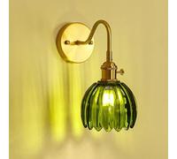 AoLa Vintage Wall Light Brass Gold, Inside E27 Wall lamp with Switch and Green Flower Design Glass lampshade Wall Bedside lamp Decorative lamp for Living Room Bedroom Restaurant café Hotel