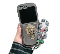 AOLABOKY Samsung Galaxy Z Flip 5 Case,Electroplated Wave Cute Cartoon Design for Galaxy Z Flip 5 Phone Case Cover with Vintage Lion Door Ring (with Chain)