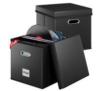 Aolawco 2 PCS 12 inch Leather Vinyl Record Storage Box, CD Storage Case with Lid & Handles, Folding LP Storage Boxes Holds up to 100+ Single Records, Records Organizer for Albums, CDs, Magzine, Files