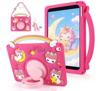 Aolcev for iPad 9th/8th/7th Generation Case 10.2 inch for Kids Girls Cute Cartoon Rainbow Unicorn Soft Silicone Tablet Protective Cover with Shoulder Strap 360°Rotating Stand Unicorn Keyring-Rose Pink