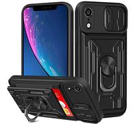 Aolcev for iPhone XR Case with Card Holder Slot Wallet Case with Slide Camera Cover Ring Kickstand Heavy Duty Hard PC Soft TPU Bumper Armor Shockproof Protective Case Cover for iPhone XR-Black