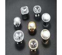 Aoleegatt Non-Perforated Crystal Glass Knobs Cupboard Drawer Pull Kitchen Cabinet Door Wardrobe Handles Hardware(009-Gold-Single-S)