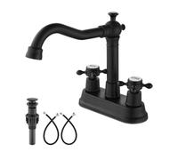 Aolemi 4 Inch Centerset Bathroom Sink Taps Vintage 2 Cross Handles RV Mixer Faucets Basin Vanity Lavatory Utility for Sink 3 Hole Include Water Hose Pop Up Drain with Ceramic Cover Matte Black