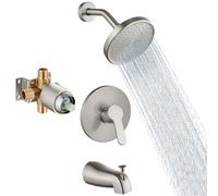 Aolemi 6 Inch Brushed Nickel Wall Mount Bathtub Shower Faucet Set with Single-Spray Rain Shower Head and 5.3 Inch Tub Spout, Includes Valve Trim, Shower Arm and Diverter Tub Spout