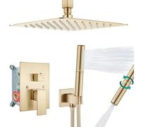 Aolemi Ceiling Mounted Shower System with Rain Shower Head and Handheld Shower, High Pressure Shower Faucet Set, Fixing Combo with 2 in 1 Handheld Shower, Coarse Valve, 12" Shower Head, Brushed Gold