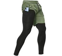 Aolesy Men's 2 in 1 Running Pants, Gym Workout Compression Pants for Men Training Athletic Pants, Green, Large