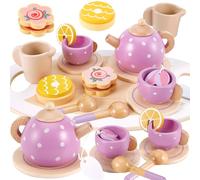 AOLEVA Kids Wooden Toy Tea Set for Toddlers Girls with Wooden Play Food Childs Children Afternoon Play Tea Set Kitchen Accessories Pretend Play for 3 4 5 Years Old