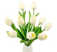 Aoleytech 10Pcs Artificial Tulip Flowers Real Touch Tulip Bouquet Fake Silk Tulips Plastic Flowers for Home Garden Wedding Party Window Sill Ornaments Table Indoor Decoration (Milk white)