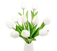 Aoleytech 10Pcs Artificial Tulip Flowers Real Touch Tulip Bouquet Fake Silk Tulips Plastic Flowers for Home Garden Wedding Party Window Sill Ornaments Table Indoor Outdoor Decoration (White)