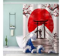 AOLIGL Shower Curtain 180x180cm Waterproof Shower Curtain Japanese Art Bath Curtains for Shower Wet Room Unique Printed Sakura Red Sun Samurai Shower Curtain Rust Proof Eyelets