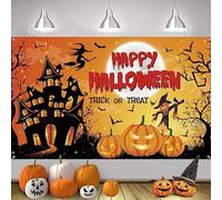 AOLOA Halloween Backdrop Banner, Extra Large Fabric Black Orange Halloween Backdrop Banner, Happy Halloween Banner, Halloween Party Yard Sign Welcome Backdrop for Indoor Outdoor Home Garden